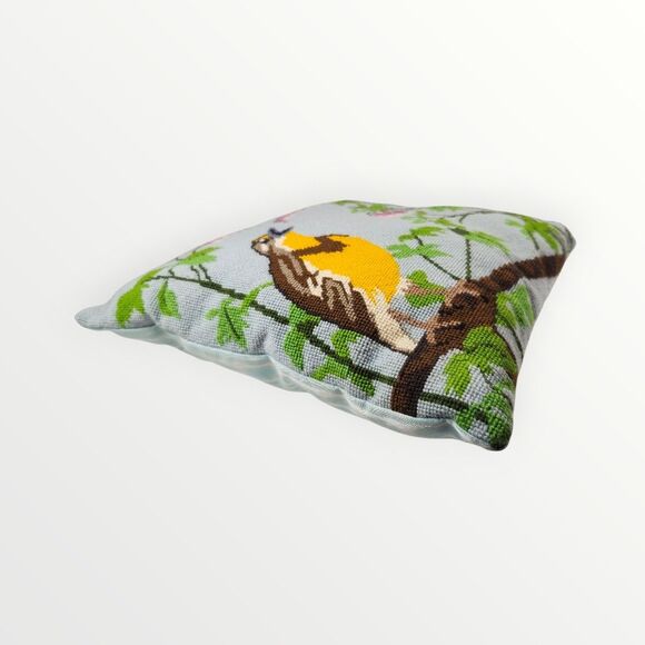 Vintage Needlepoint Bird In Tree Decor Throw Pillow 11"x11"  Signed 1990 - Picture 3 of 12